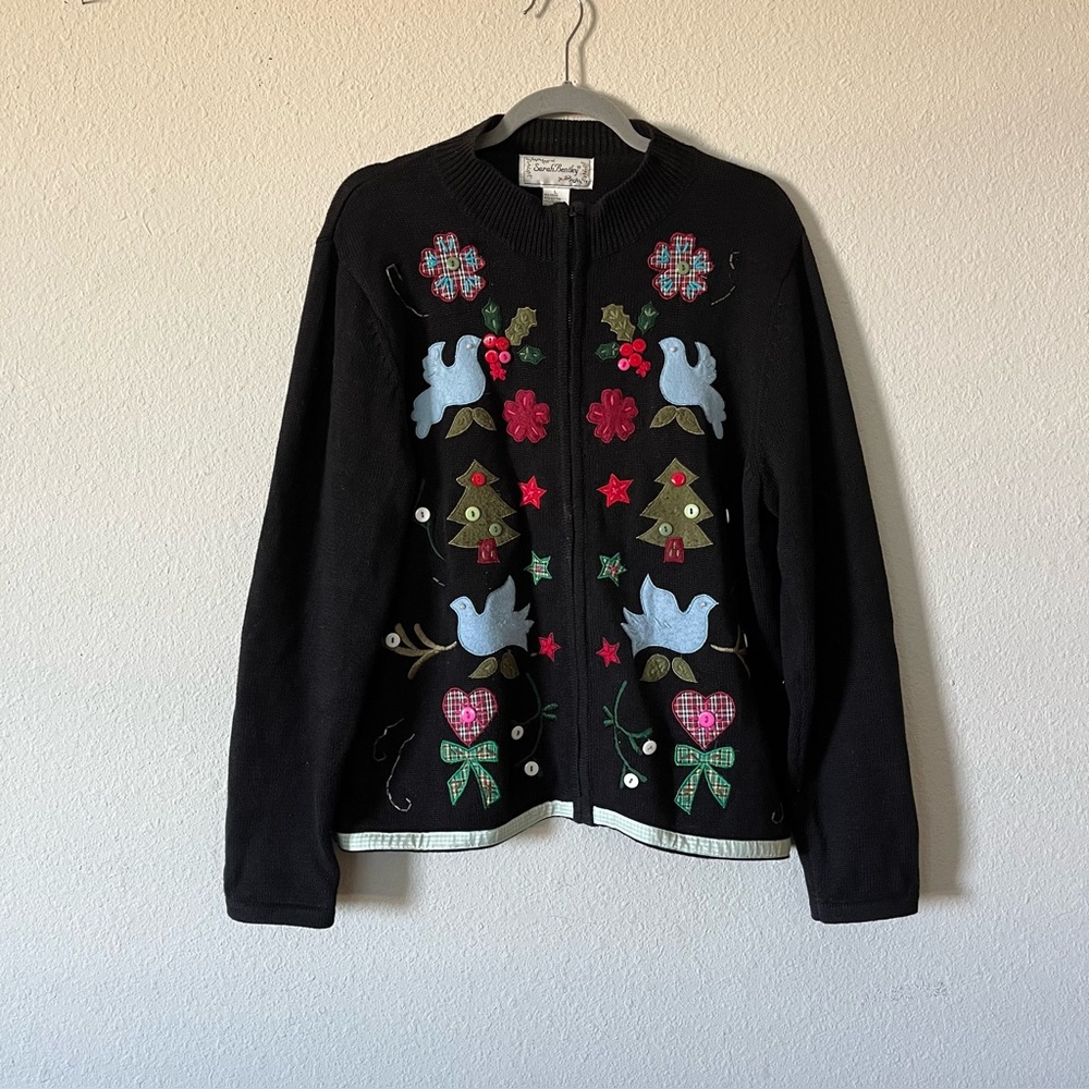 Vintage Sarah Bentley Full Zip Black Cardigan with Festive Embroidery